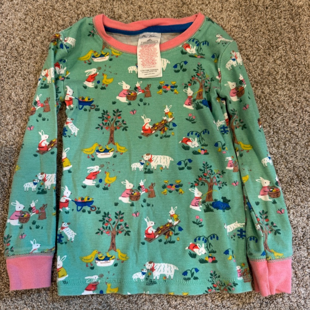 Mini Boden Kids Green Farm Animal Bunny Print Pajama Top Long Sleeve Size 3Y